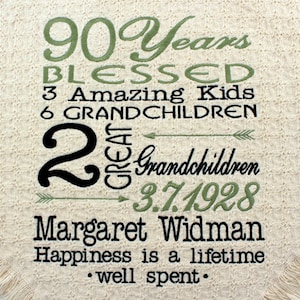 Personalized Grandma 90th Birthday Blanket | Any Year | Personalized Embroidered Throws and Blankets | Happiness is a lifetime well spent