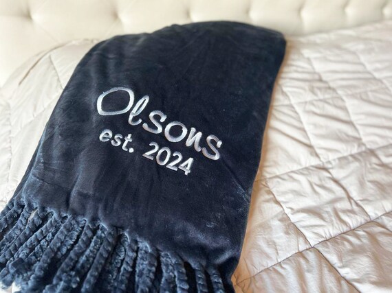 Amazingly SOFT plush blanket personalized | custom embroidered wedding throw | fluffy plush w last name | wedding blanket gift | dark navy