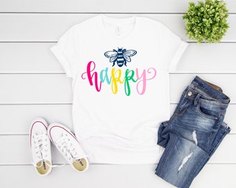 Bee Happy Tee - Be Happy Shirt - Hand Lettered Shirt - Happy Shirt for Women - Women's Happy Tee - Teacher Shirt - Choose Happy Shirt