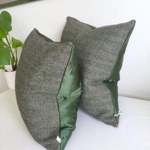 Herringbone Wool Cushion Cover: Green Velvet Back, British Made
