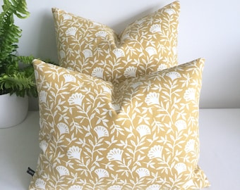 Mustard cushion or cover/ochre cushion/contemporary cushion honey/scandi print cushion cover/Floral cotton print cushion in ochre and white