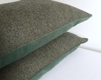 Wool herringbone and velvet cushion/green velvet wool cushion/harris  tweed style cushion/green wool cushion/herringbone wool cushion cover