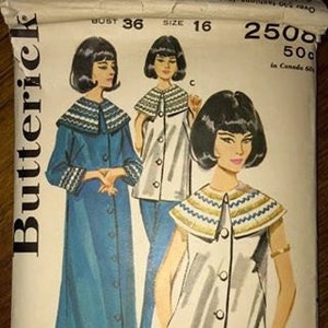 May include: Vintage sewing pattern for a dress with a large collar. The pattern is for sizes 10-16 and bust size 36. The pattern is from Butterick and the pattern number is 2500.