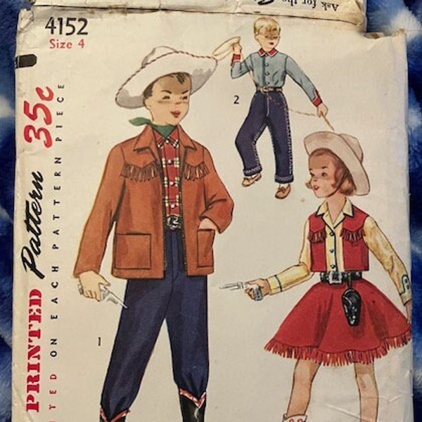1950s Simplicity 4152 - Cowboy and Cowgirl duds, size 4/23" chest