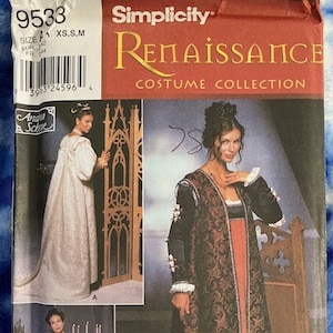 May include: Simplicity Renaissance Costume Collection pattern. The cover features images of Renaissance-era costumes. The main image shows a woman in a long, patterned gown. The pattern includes sizes XS, S, and M.