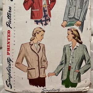 May include: Vintage Simplicity sewing pattern for a jacket. The pattern is for size 16 and is 25 cents. The pattern shows four different styles of jackets, including a red jacket, a striped jacket, a beige jacket, and a plaid jacket.
