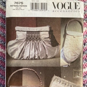 May include: Vogue accessories pattern 7675 featuring four different bag designs. The bags are in various shapes and sizes, with details like pleats, tassels, and decorative stitching. The pattern includes the text "ONE SIZE" and the Vogue logo.