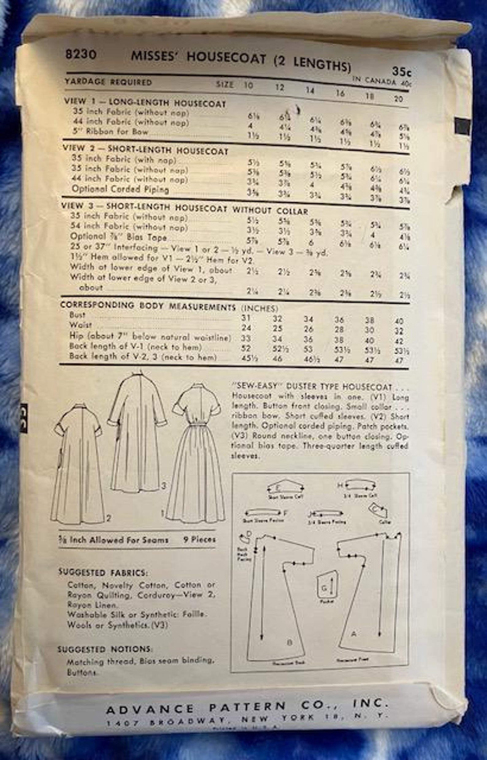Advance Pattern 3263 1957 Advance Patterns 8230 and 8722 - Housecoat and Slip Size 10/31 ...