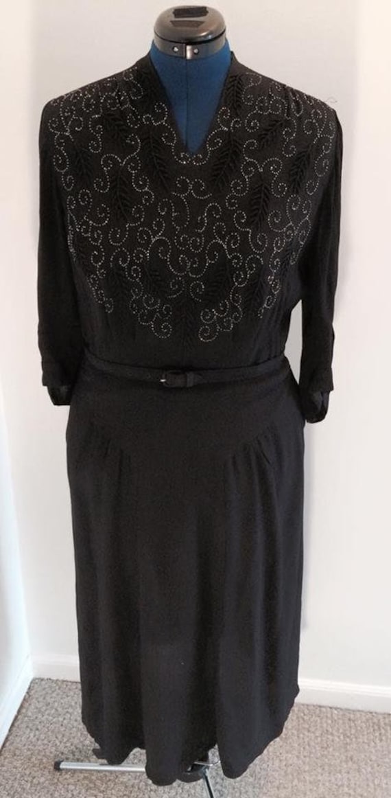 1940s Black Crepe Beaded Dress