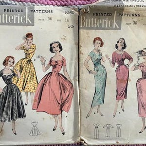May include: Two vintage sewing patterns from Butterick, featuring four different dress designs. The patterns are for sizes 36 bust and 16. The patterns are printed on white paper with black text and illustrations of women wearing the dresses.