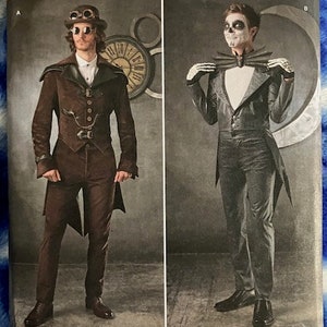 May include: Simplicity sewing pattern number 1039 AA for a men's costume. The pattern includes two options: a steampunk-inspired costume with a brown jacket and pants, and a skeleton-themed costume with a black jacket and pants. The pattern is designed and printed in the USA.