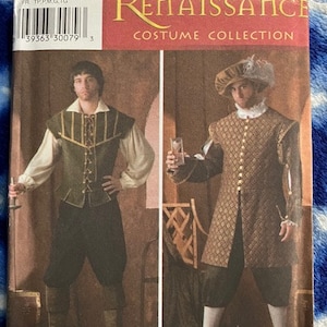 May include: Simplicity Renaissance Costume Collection pattern. The cover features two men in Renaissance-era costumes. One wears a green and gold vest with a white shirt, black pants, and boots. The other wears a long brown coat with gold buttons and a hat.