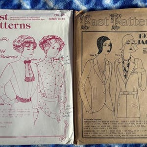 May include: Two vintage sewing pattern envelopes. The left envelope is for a 1914 Ladies Shirtwaist, and the right is for a 1930's Jacket. Both envelopes feature illustrations of women in period clothing. The patterns are sized for sizes 10-18.