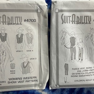 May include: Two sewing patterns for women's western show vests. The pattern on the left is for sizes 6-24 and is labeled "Suit-Ability #4700". The pattern on the right is labeled "Suit-Ability #2900" and is for children and adult sizes. Both patterns feature illustrations of women wearing the vests.