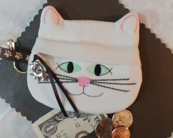 Kitty Coin Purse: Embroidered Cat Face Zipper Pouch