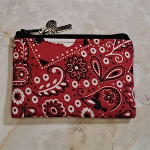 Porta-moedas vermelho, bandana de tecido para varanda, bolsa para dinheiro, cartão de crédito, porta-cartões de visita, bolsa com fecho de zíper