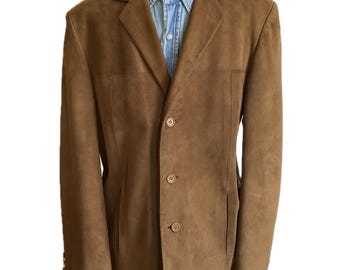 Vintage 1960s Brown Suede Blazer Jacket, Knit Collar Mens 38R
