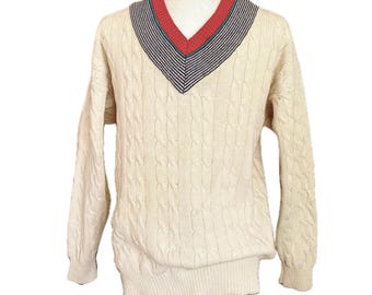 XL- White Cable Knit Cotton V-Neck Pullover Sweater Tennis Collegiate Vintage GANT