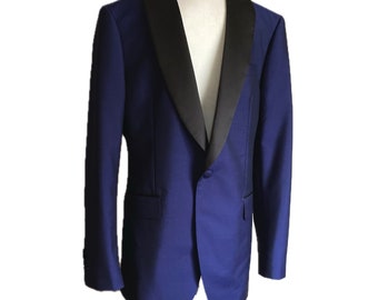 Blue Tuxedo Jacket Blazer Black Satin Lapel Collar, Double Vent, Formal Mens Sz 44L, Prom Wedding