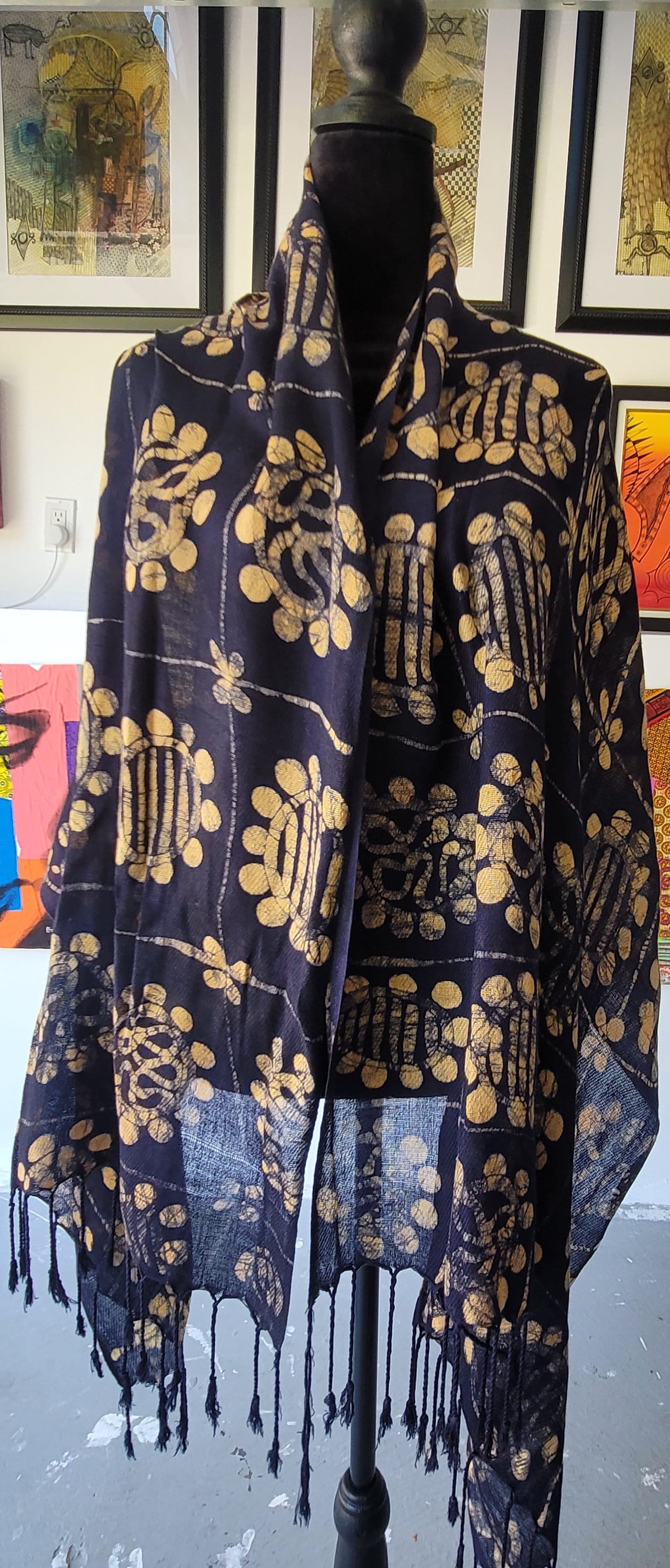 Hand-designed Batik Cotton Scarf(Navy + Orange)