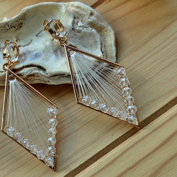 macrame pendant earrings crystal glass ear chip-stainless steel earrings