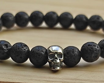 Bead bracelet 8 mm Lava stone and silver skull