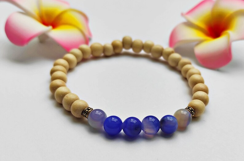 Wood bracelet and blue chalcedony beads image 1