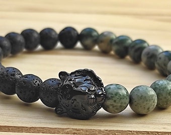 Men's bracelet in lava stone and jasper-stainless steel tiger head