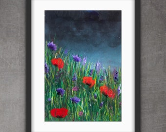 Poppy and Cornflower Meadow Artwork | A4 Art Print | Meadow Painting | Colourful Art | Contrasting Floral Print | Wildflower Meadow