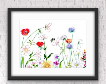 Bee amongst the Wildflowers | Wildflower Meadow | A4 Wall Art | Watercolour bee painting | Colourful floral Print | Fine Art Print