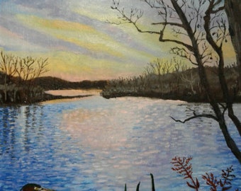 Green Heron at Sullivan's Island Derby, CT original oil painting Landscape Sunset over the River Impressionist Realism