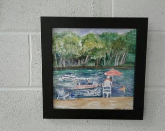 Watercolors Painting Framed Jackson Cove Lake Beach Landscape Oxford original Watercolors Painting Framed Series