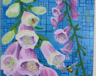 Foxglove Flowers with Bee Original Acrylic Painting