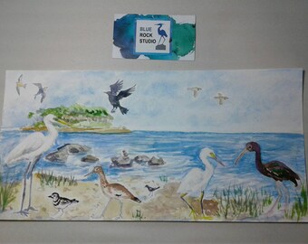 All in a Days Walk at the Beach Watercolor Painting featuring birds on the shoreline Egrets herons swallows ibis killdeer blackbirds crows