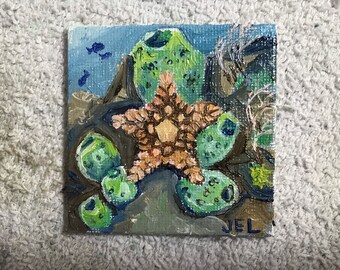 Sea Star on green coral reef mini painting