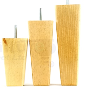 4 Natural Solid Wood Furniture Feet Square Replacement Legs 120mm to 200mm High For Chairs Stools, Sofa&#39;s Beds Settee and Cabinets M8