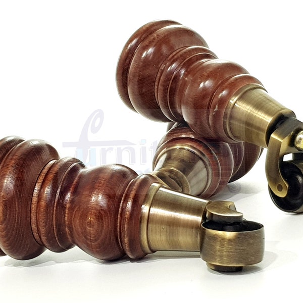 4 Solid Wooden Feet With Antique Castors Legs 155mm High M10 Mahogany Finish