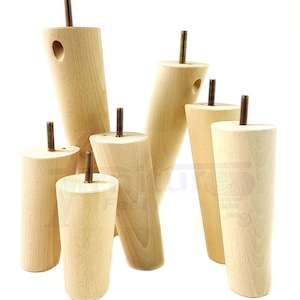 4 Solid Wood Angled Round Furniture Feet 100mm to 240mm High Mid Century Retro Replacement Legs Raw M8 Sofa Chairs Stools Cabinets Beds