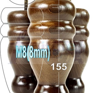 May include: Three wooden furniture legs in an antique brown finish. Each leg is 15.5 cm tall and has a diameter of 7 cm at the top and 3 cm at the bottom. The legs have a threaded insert for an M8 (8 mm) screw.