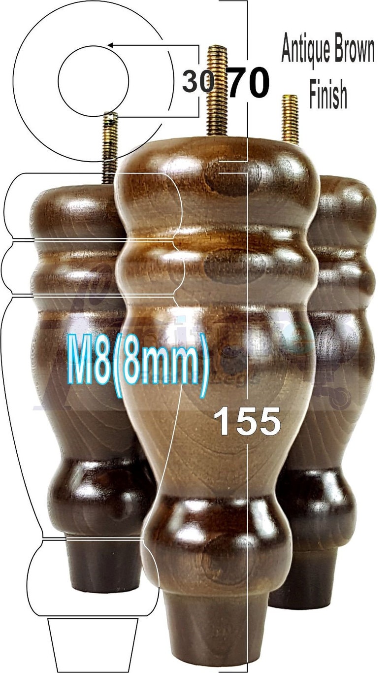 May include: Three wooden furniture legs in an antique brown finish. Each leg is 15.5 cm tall and has a diameter of 7 cm at the top and 3 cm at the bottom. The legs have a threaded insert for an M8 (8 mm) screw.