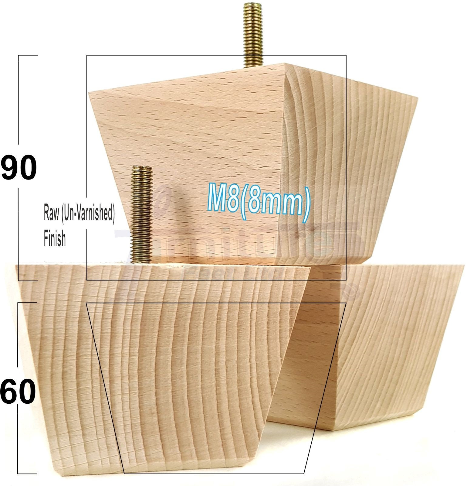 4 Block Wood Furniture Feet Square Replacement Sofa Legs 65mm High M8 ...