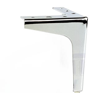 May include: A shiny chrome-finished metal furniture leg with an L-shaped mounting plate. The plate features four pre-drilled circular holes for attachment. The leg has a tapered, angled design that extends downward from the corner mounting bracket.