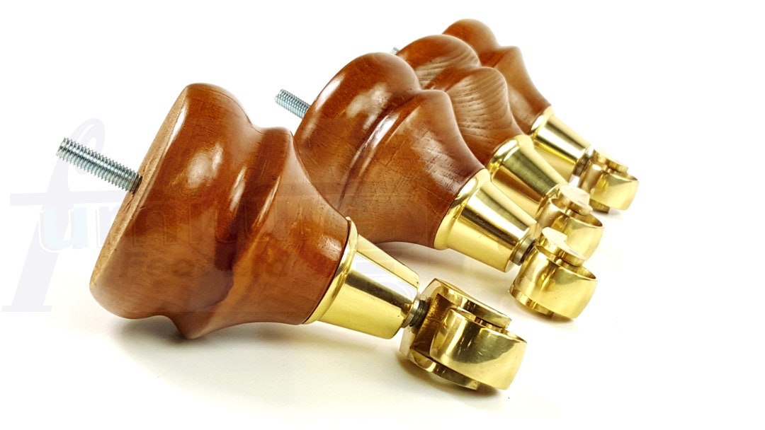 Solid Wood Replacement Furniture Feet 4 Golden Oak With Brass Castors