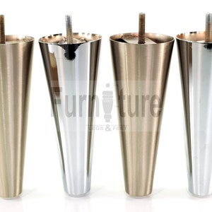 May include: Four metal furniture legs in two finishes: polished chrome and brushed nickel. Each leg is cone-shaped with a threaded top for easy attachment.