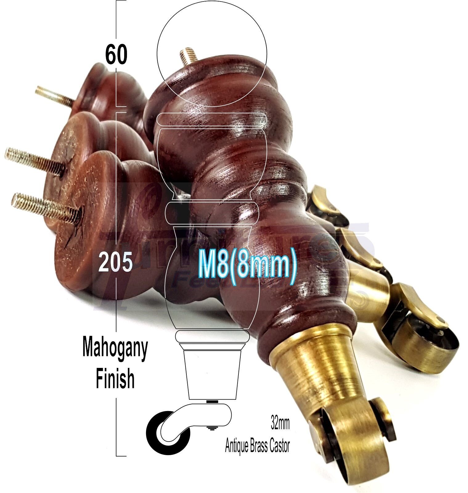 Solid Wood Furniture Feet With Antique Brass Castors Set of 4 Etsy