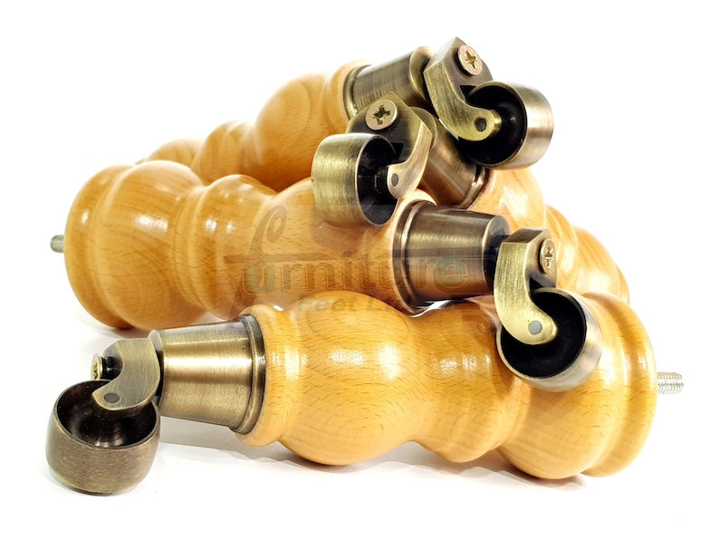 Solid Wood Furniture Feet With Antique Brass Castors Set of 4 Etsy UK