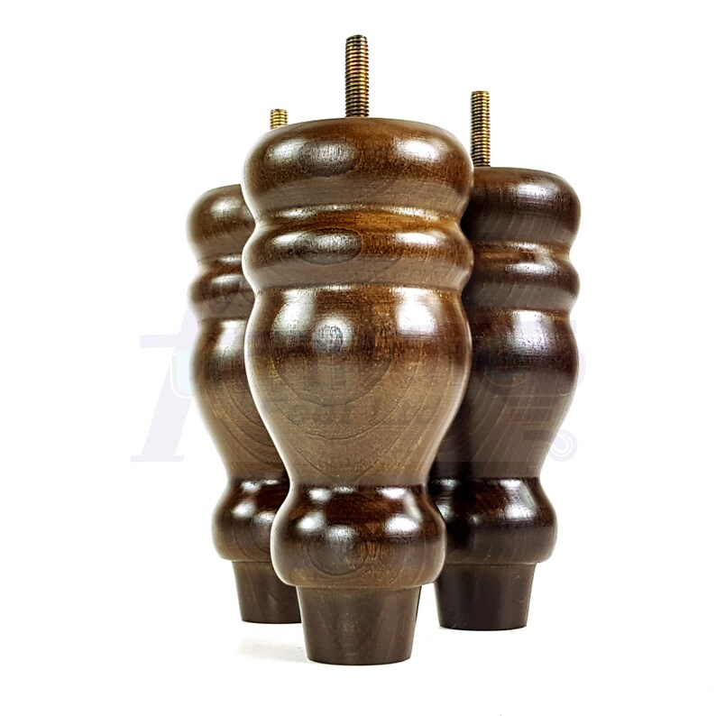 May include: Three dark brown wooden furniture legs with a turned design and a threaded metal top.