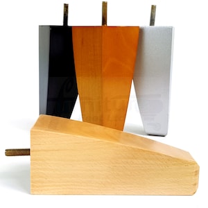 May include: Four wooden furniture legs with a tapered design. The legs are in black, natural wood, and silver finishes. The legs have a threaded metal screw for attaching to furniture.