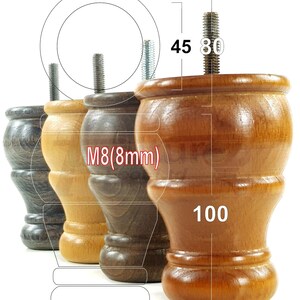 4x Turned Solid Wood Furniture Feet 100mm High Retro Replacement Legs Various Colours M8(8mm) Sofa Chairs Stools Cabinets Beds Settees
