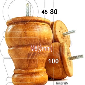 Set Of 4 Solid Wood Furniture Feet Replacement Legs 100mm High For Chairs, Stools, Sofa&#39;s, Beds, Settee and Cabinets M8(8mm) Various Colours